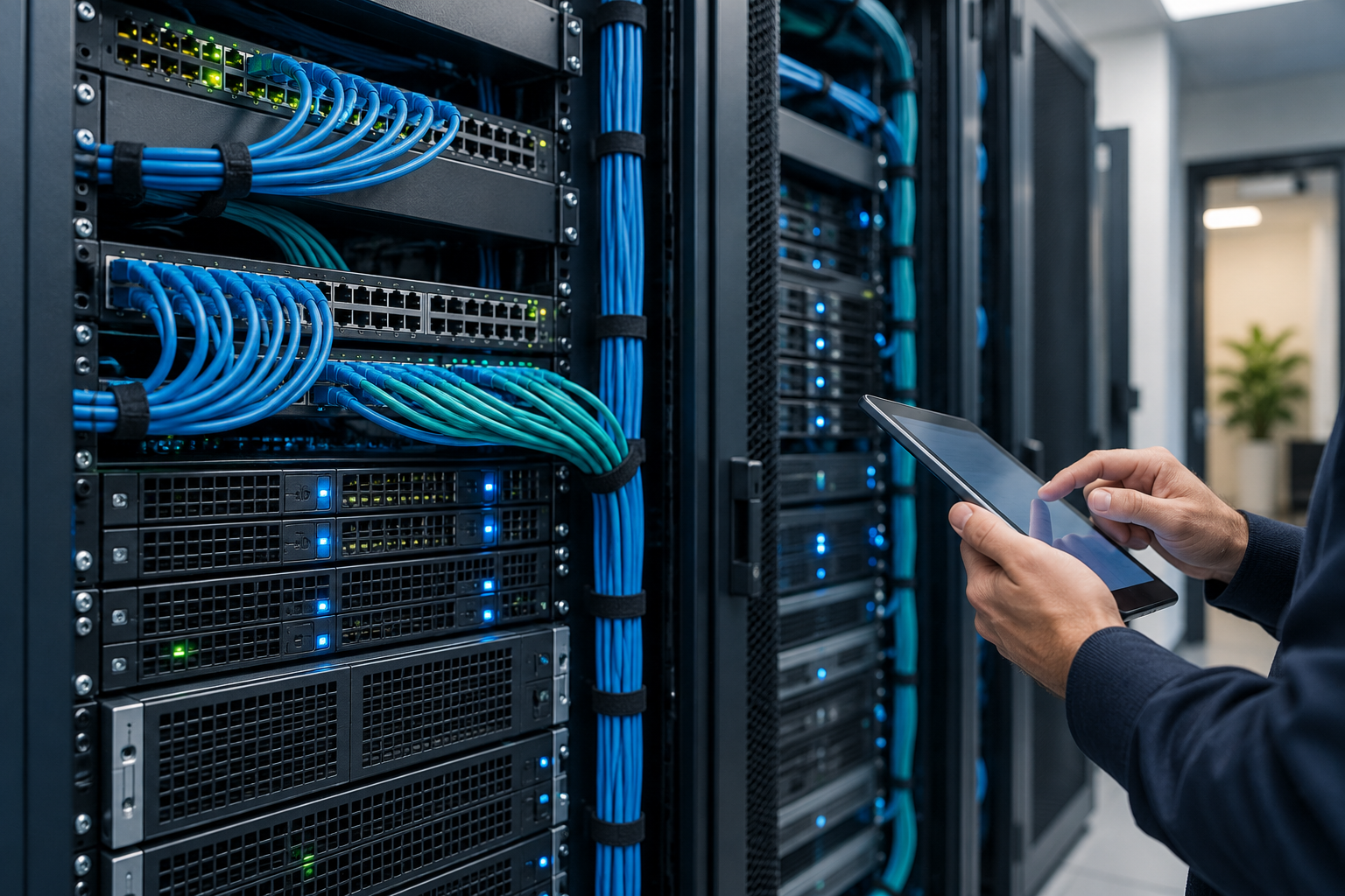 Illustrative server racks and organized network connections